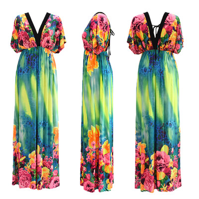 

Elegant Women Maxi Dress Floral Print Plunge V Neck Short Sleeve Russian Long Ice Silk Dress Blue