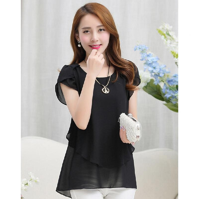 

Summer new Korean womens self-cultivation long short-sleeved chiffon shirt top large size loose bottoming shirt Royal