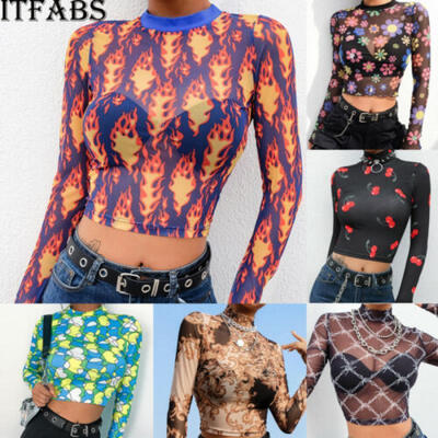

Womens Lady Mesh Sheer Crop Top Turtleneck Transparent T-Shirt Blouse Tee Tops