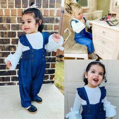 

Infant Kid Baby Girl Ruffle Flare Sleeve Tops Strap Trousers Jeans Pants Clothes