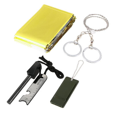 

Outdoor Survival Tool Kit Fire Starter Whistle Emergency Blanket Wire Saw Camping Survival Set