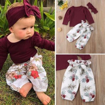 

Newborn Baby Girls Clothes Casual Wine Red T-shirtLong Pants 3PCS Outfits Set 3pcs