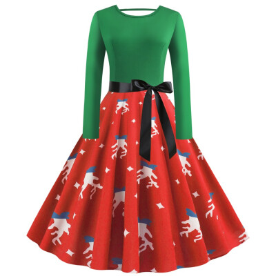 

Tailored Womens Vintage Christmas Printed Dress Ladies Long Sleeves Dress Xmas Dress