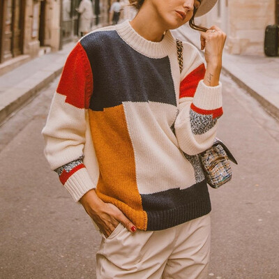 

〖Follure〗Women Sexy Knot O-Neck Sweater Geometric Knitwear Patchwork Top Blouse
