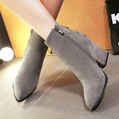 

Rose Fashion Pure Color Pointed Toe Zipper Boots Chunky Heels Vintage Women Boots