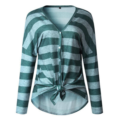 

Stripes Print V Collar Women T-shirt Irregular Buttons Lace Up Long Sleeve Casual T-shirt Loose Tops