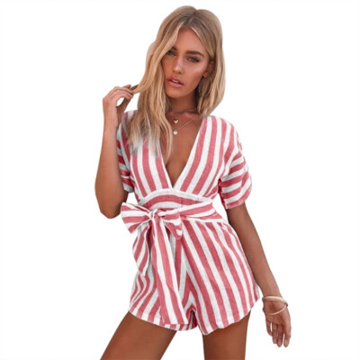 

Starmoon Women Summer Fashion Stripe Short Sleeve Mini Belt Casual Jumpsuit