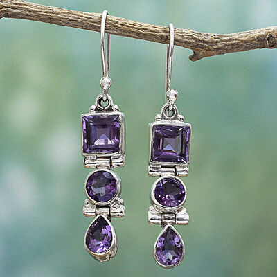 

Vintage Women PearRoundSquare Faux Amethyst Plated Drop Dangle Hook Earrings