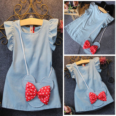 

Summer Princess Kids Baby Girls Dress Minnie Mouse Denim Party Dresses Bag Clothes