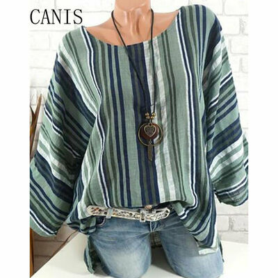 

Plus Size Women Tops Long Sleeve Blouse Cotton Linen Striped Baggy Loose T-Shirt