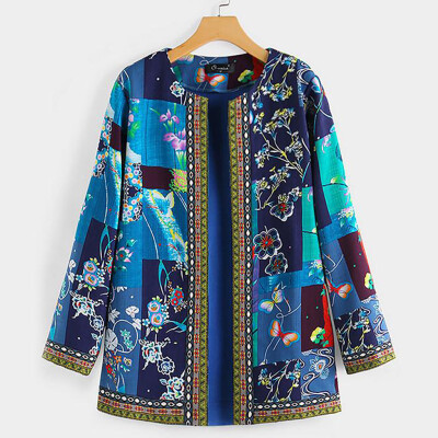 

Tailored Women Vintage Ethnic Style Floral Print Long Sleeve Plus Size Cotton Jacket Coat