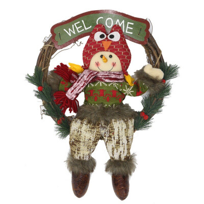 

Rattan Christmas Wreath Garland With Santa ClausSnowman Doll And Wooden Welcome Sign Holiday Hanging Wall Window