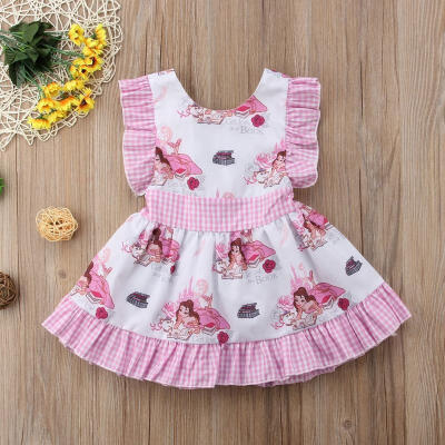 

UK Cotton Kids Baby Girls Princess Party Cartoon Plaid Sleeveless Dress Sundress Cute