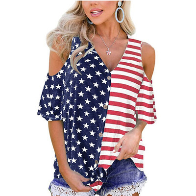

Starmoon Womens Patriotic Stripes Star American Flag Cold Shoulder Button Down Blouse Top