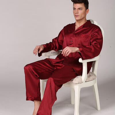 

Mens Silk Satin Pajamas Set Sleepwear Set Turn-down Collar Striped Nightgown Long Sleeve Pajama Set890001