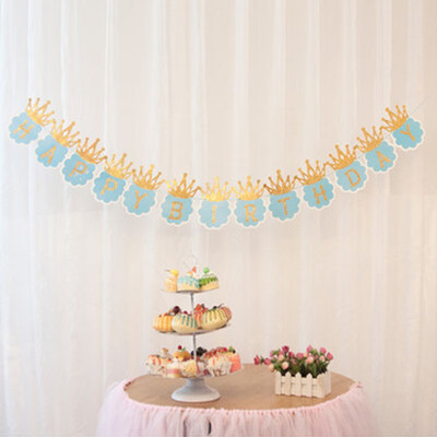 

FUNNYBUNNY Baby Happy Birthday Banner Hot Stamping Crown Hanging Letters Pull Flag First Birthday Boy Party Happy Decoration