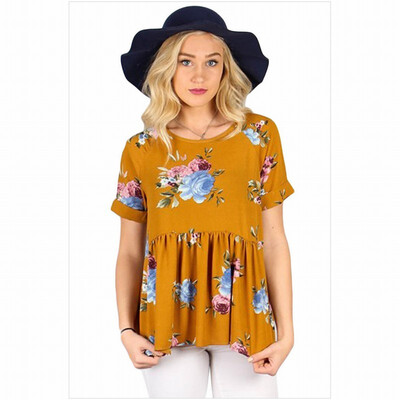 

Round neck short sleeve floral print straight shirt top