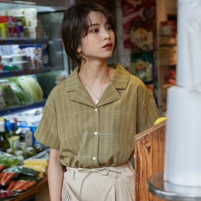 

Women Summer green red Plaid Cotton Sexy V Neck short Sleeve Tops Blouse Female Plus Size Casual Shirt Haut Femme Kimono Roupas