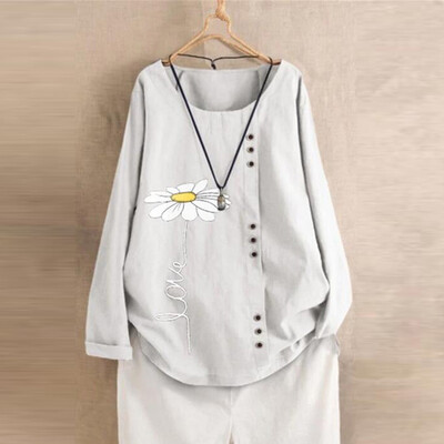 

Roseonmyhand Plus Size Women Long Sleeve Cotton Linen O-Neck Botton Blouse Top T-Shirt