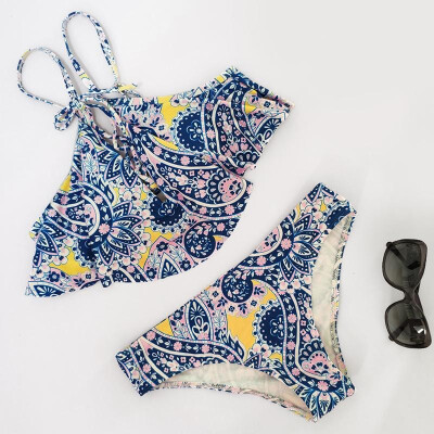 

Women Two Piece Bikini Set Floral Print Ruffle Lace Up Bandage Deep V Low Waist Sexy Bathing Suit