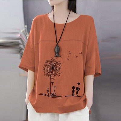 

Starmoon Plus Size Women Short Sleeve Cotton Linen O-Neck Print Blouse Top T-Shirt
