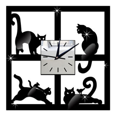 

3D Crystal Mirror Wall Clock Black Cat Decorative Wall Clock Home Decor