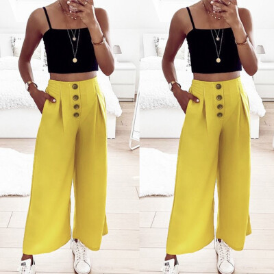 

Fashion Summer Women Solid Button Workout Beach Easy Loose Broad-legged Pants