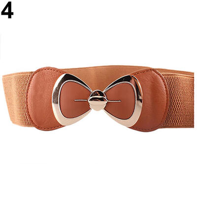 

Women Bowknot Buckle Metallic Faux Leather Waistband Elastic Croset Waist Belt