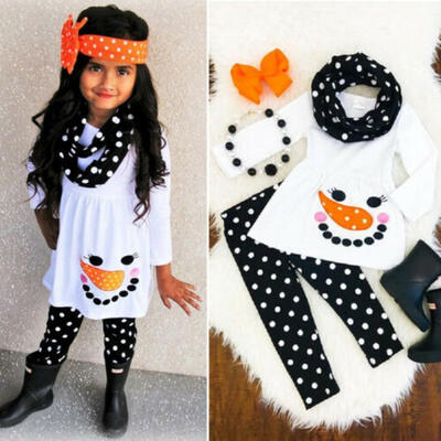 

Toddler Kids Girl Snowman Dress Tops Dot Pants Leggings Outfits Sets FF