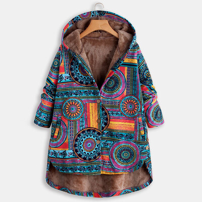 

Tailored Women Vintage Ethnic Print Quilted Fleece Hooded Long Sleeve Button Winter Coat