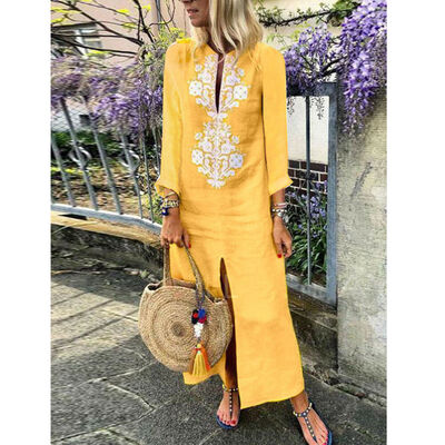 

Womens Fashion Kaftan Cotton Linen Long Sleeve Casaul Maxi Long Shirt Dress