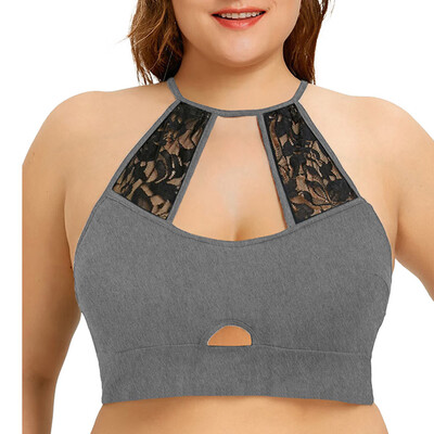 

Roseonmyhand Fashion Women Plus Size Cut Out Camisole Solid Halter Lace Short Tops Tee