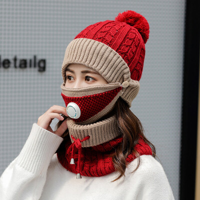 

Autumn&Winter New Womens Hat Fur Ball Head Cap Neck&Mask Three-piece Suit Warm&Cold-proof Woman Knitted Cap