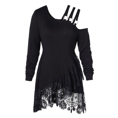 

Roseonmyhand Fashion Women Plus Size Lace Irregular Skew Collar Belt T-shirt Tops Blouse