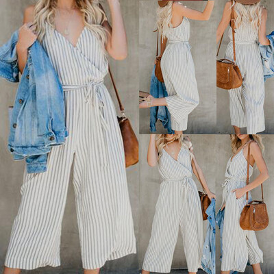 

Starmoon Women Casual V-Neck Printed Bandage Sleeveless Sling Pockets Loose Jumpsuit