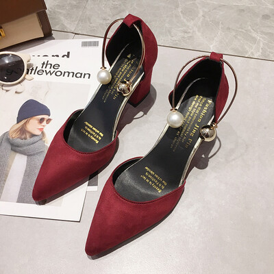 

Sandals Girl Summer Point Head Baotou Rough-heeled Shoes Korean Version Baitachic Fairy High-heeled Shoes