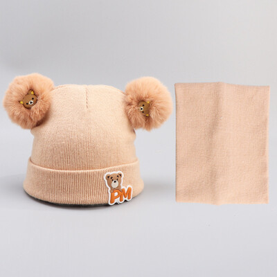 

Dongyun new autumn&winter childrens children twin ball knitted cotton collar cover hat to keep warm two-piece hat