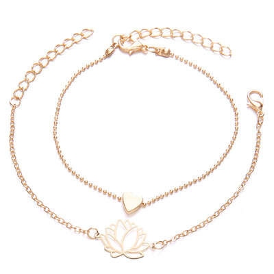 

2010Thin Heart Hollow Lotus Flower Bracelet Simple Exquisite Love Heart Chain Bracelet Cuff Bangle for Women Girls 2Setpcs