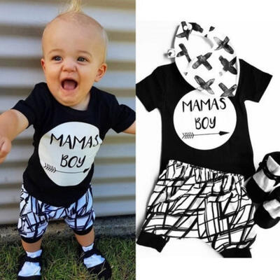 

2PCs New Infant Baby MAMAS Boy Toddler Black T-shirt TopsShort Pants Outfit Clothes
