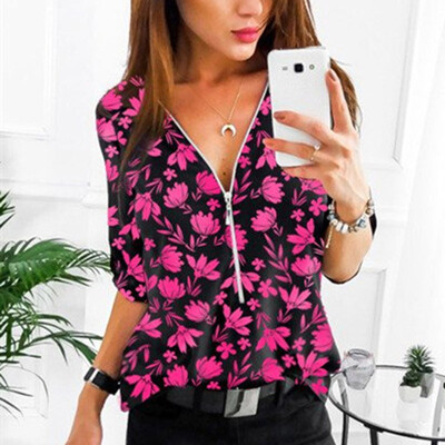 

Women Floral Long Sleeve Zipper V Neck Blouse Top Ladies Casual OL Work T Shirt