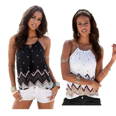 

2018 womens summer sale through eBay printing sling V-neck shirt beach casual wild shirt 8905 Black print