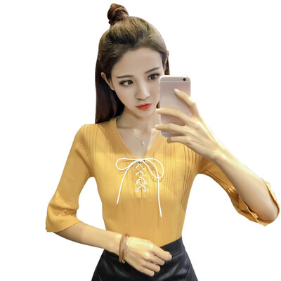 

casual summer v-neck knit crop t-shirt Women Flare Sleeve sexy slim top jacket girl female basic t shirt top cheap