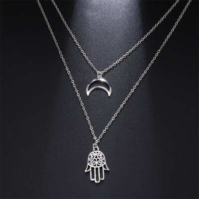 

Simple Double Layer Moon Hand Necklaces & Pendants For Women Vintage Charm Silver Choker Necklace 2019 Female Jewelry Wholesale