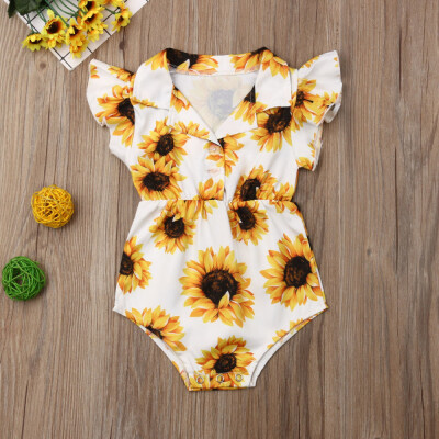 

Newborn Infant Baby Girls Sleeveless Ruffled Sunflower Print Romper Bodysuit