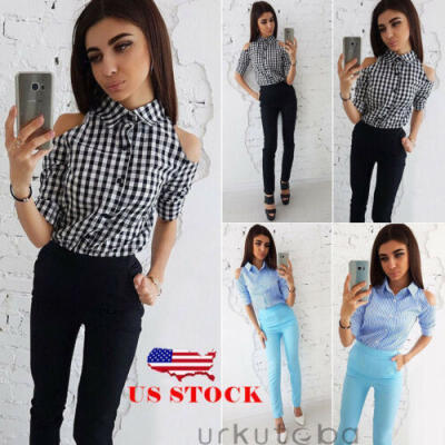 

US Womens Long Sleeve Plaid Cold Shoulder Slim Blouse Button Down Shirt Tops