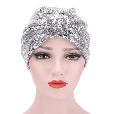 

6 Colors Muslim Women Sequin Shiny Head Scarf Cotton Pleated Turban Hat Cancer Chemo Head Wrap
