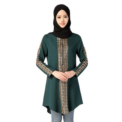 

Women Muslim Long Shirt Quarter Zipper Retro Splicing Color Blouses Tops