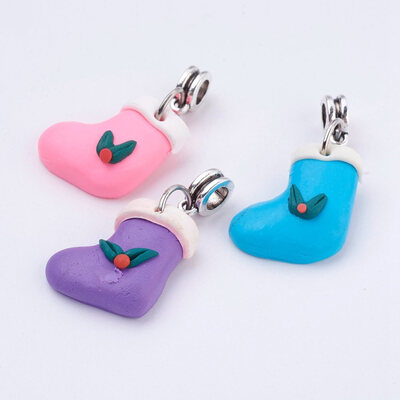 

Handmade Polymer Clay European Dangle Beads Large Hole Pendants Christmas Shoes Antique Silver Mixed Color 36mm