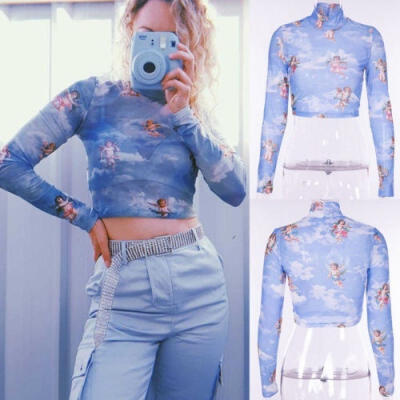 

Womens Sheer Mesh Long Sleeve High Neck Blouse See-through Crop Top T Shirt