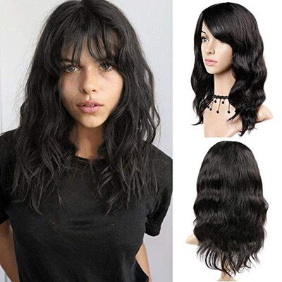

100 Virgin Human Hair Natural Wave Lace Front Wigs with Bangs Brazilian Human Hair Wave Wigs Natural Black Color